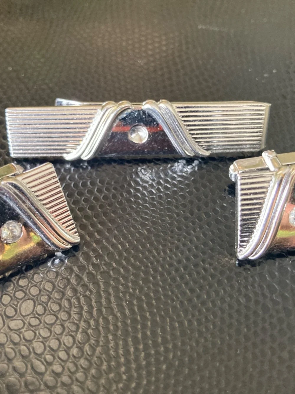 Vintage Anson Silver Tone Tie Bar & Cufflinks Set Rhinestone Formal Menswear